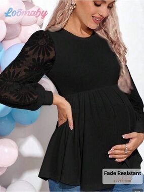 Black Maternity Peplum Dress with Lace Sleeves